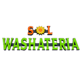 Sol Washateria logo with orange and yellow sun between the orange letters "S" and "L"; green "WASHATERIA" below.