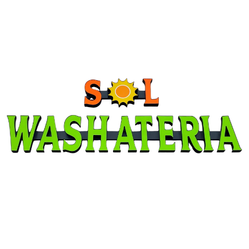 Sol Washateria logo with orange and yellow sun between the orange letters "S" and "L"; green "WASHATERIA" below.