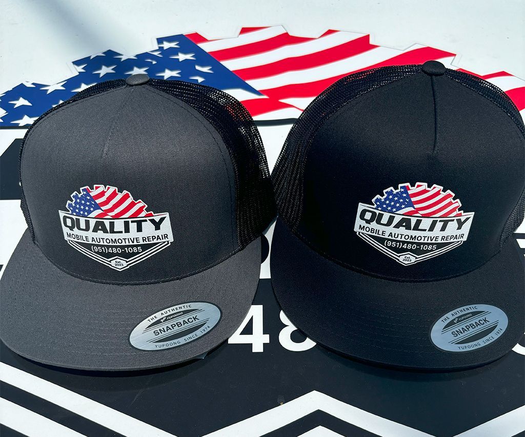black and grey hats with the company logo