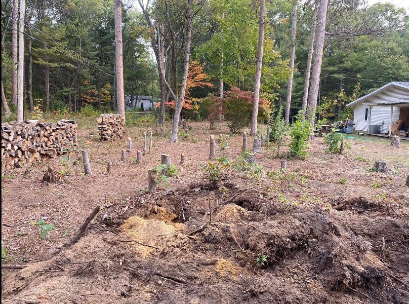 A pile of logs is sitting in the middle of a dirt field next to a house.