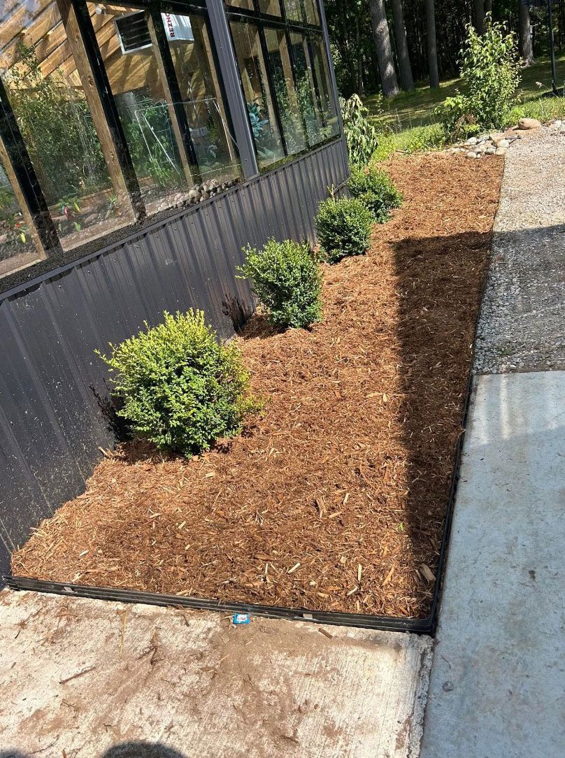 A garden with mulch and plants in front of a building.