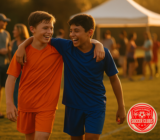 Two boys in soccer uniforms, smiling with arms around each other, on a field.