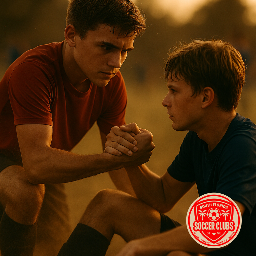 Two young men arm wrestle outdoors; one wears a red shirt, the other a blue shirt.