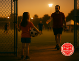 A girl holding a soccer ball at a gate greets her dad on a field at sunset; a soccer club logo is in the corner.
