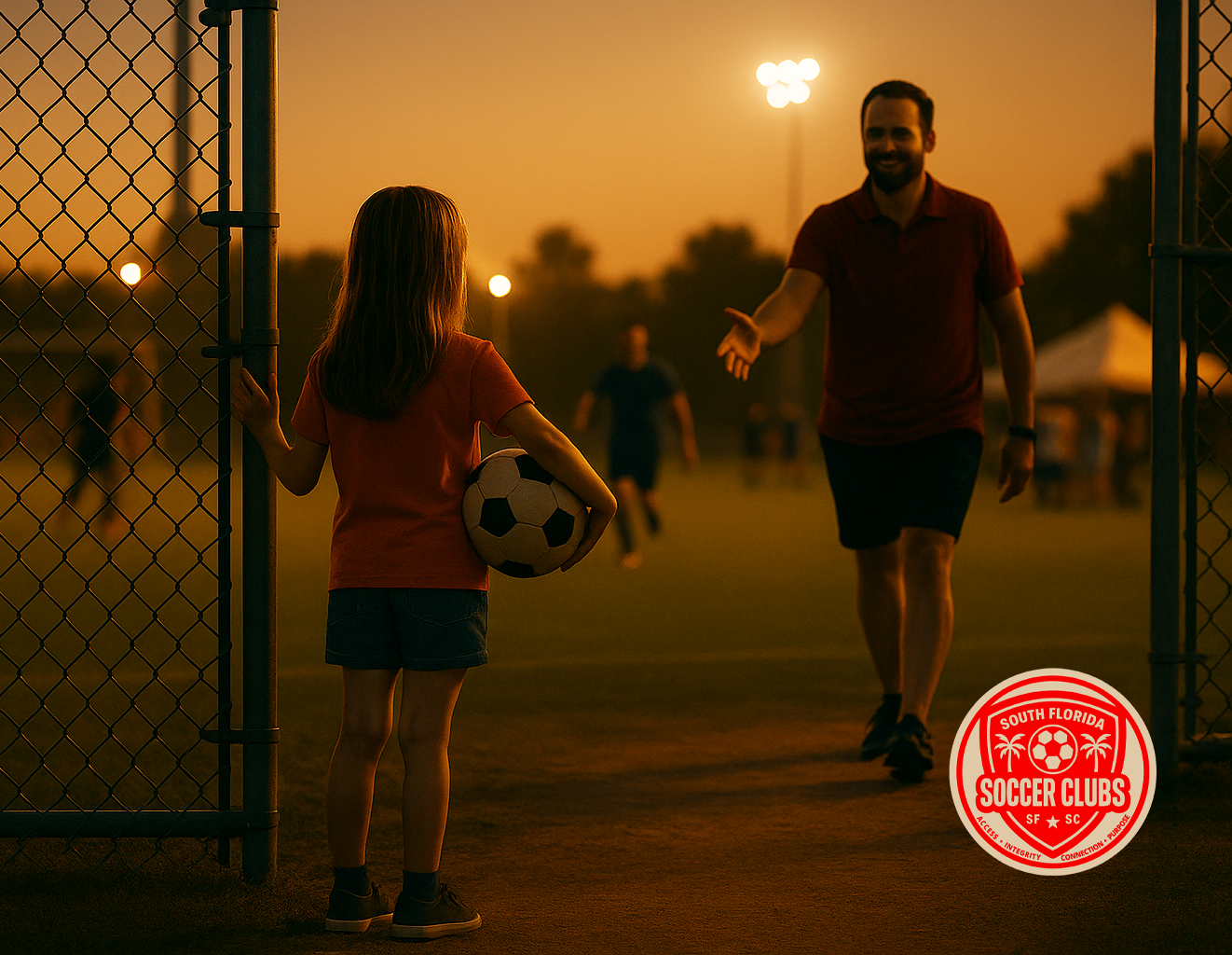 Girl holding soccer ball opens gate for man on soccer field at sunset.