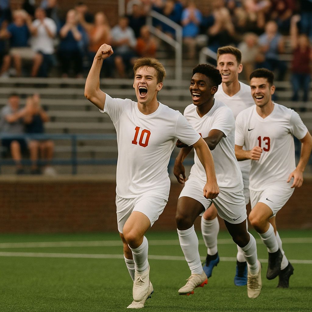 Soccer players in white uniforms celebrate a goal on a green field, cheering, and raising arms.