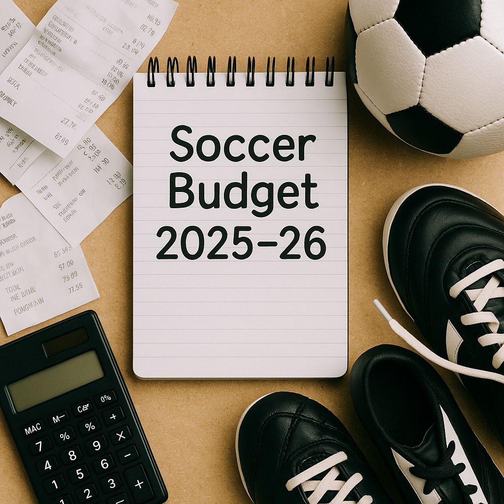 Soccer budget notebook (2025-26), receipts, calculator, soccer ball, and shoes on a wooden surface.