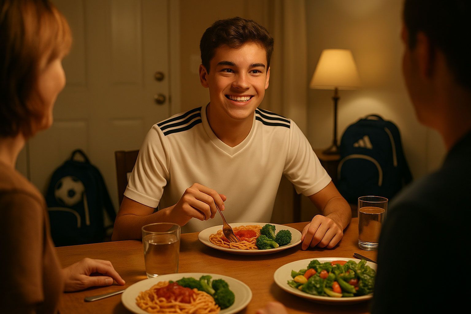 A teen smiles at the dinner table with parents, eating pasta and vegetables.