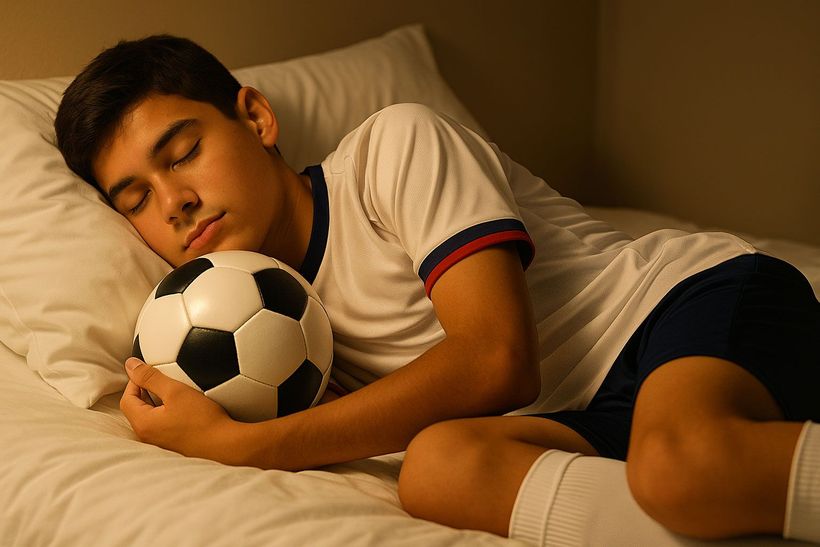 Teenage boy in soccer uniform sleeping in bed, holding soccer ball.