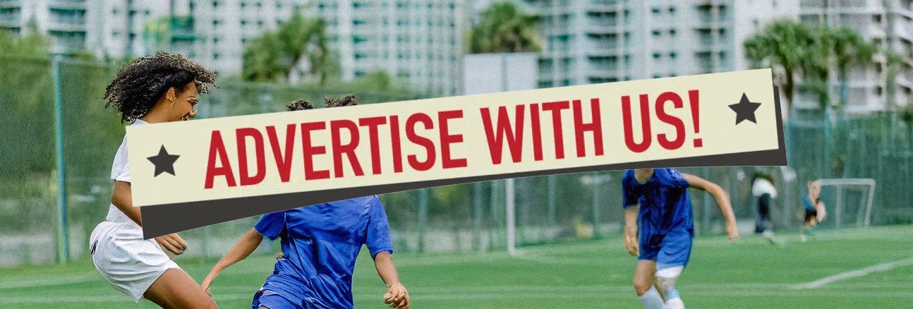 A group of soccer players are holding a sign that says `` advertise with us ''.