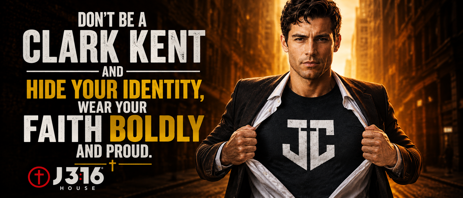 Banner ad: Men wearing t-shirts with religious designs, text 