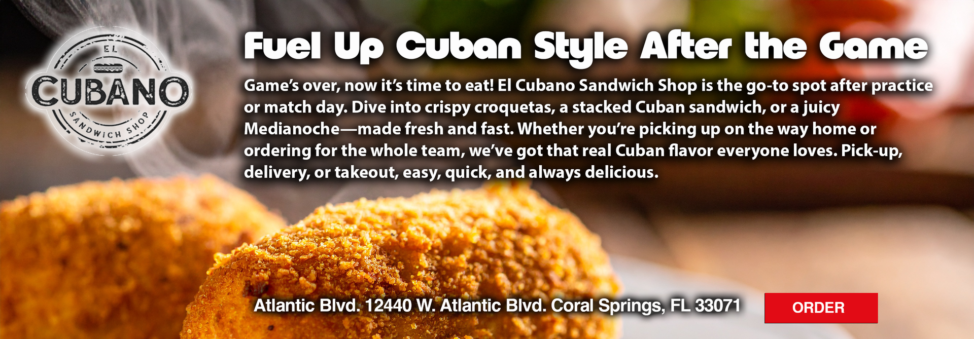 A picture of fried food with the words fuel up cuban style after the game on it
