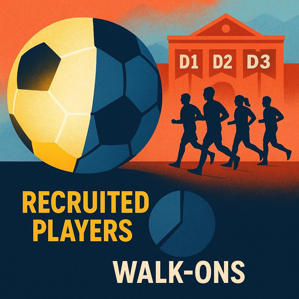 Soccer ball, people running towards college building labeled D1, D2, D3. Text: Recruited Players/Walk-ons.