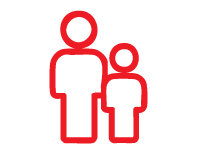 Red outline of an adult and child, with text