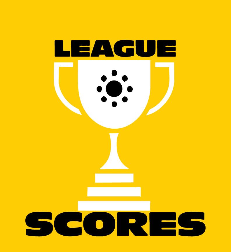 A logo for league scores with a trophy on a yellow background