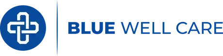 Logo of Blue Well Care, featuring a blue circle with a white, intertwined plus sign, next to the text