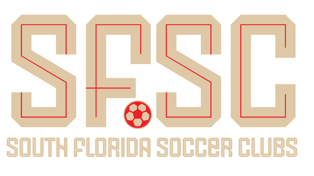 SFSC logo, beige letters with red outlines, soccer ball, 