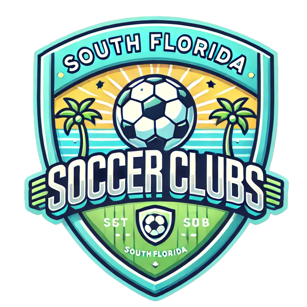 A logo for south florida soccer clubs with a soccer ball and palm trees.