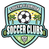 A logo for south florida soccer clubs with a soccer ball and palm trees