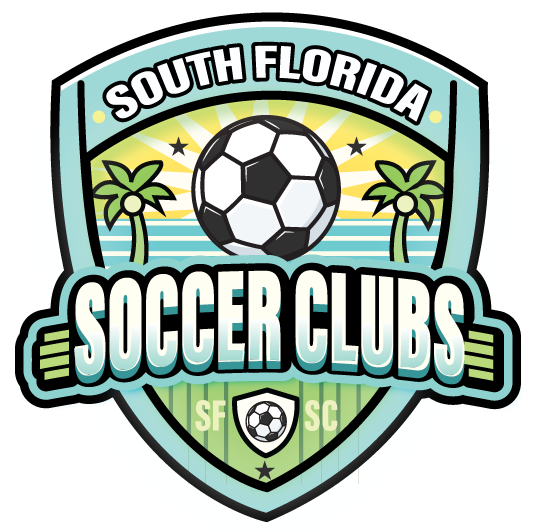 A logo for south florida soccer clubs with a soccer ball and palm trees