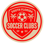 A logo for south florida soccer clubs with palm trees and a soccer ball