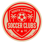 Red and beige South Florida Soccer Clubs logo. Contains a shield with a soccer ball, palm trees, and text. Access, Integrity, Connection, Purpose