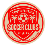 A logo for south florida soccer clubs with palm trees and a soccer ball