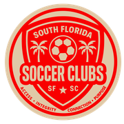 Red and beige South Florida Soccer Clubs logo. Contains a shield with a soccer ball, palm trees, and text. Access, Integrity, Connection, Purpose
