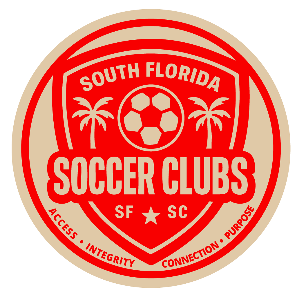 Red and beige South Florida Soccer Clubs logo. Contains a shield with a soccer ball, palm trees, and text. Access, Integrity, Connection, Purpose