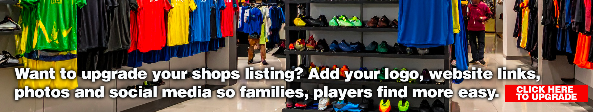 Clothing store with colorful shirts and shoes; text promotes shop listing upgrades for visibility.