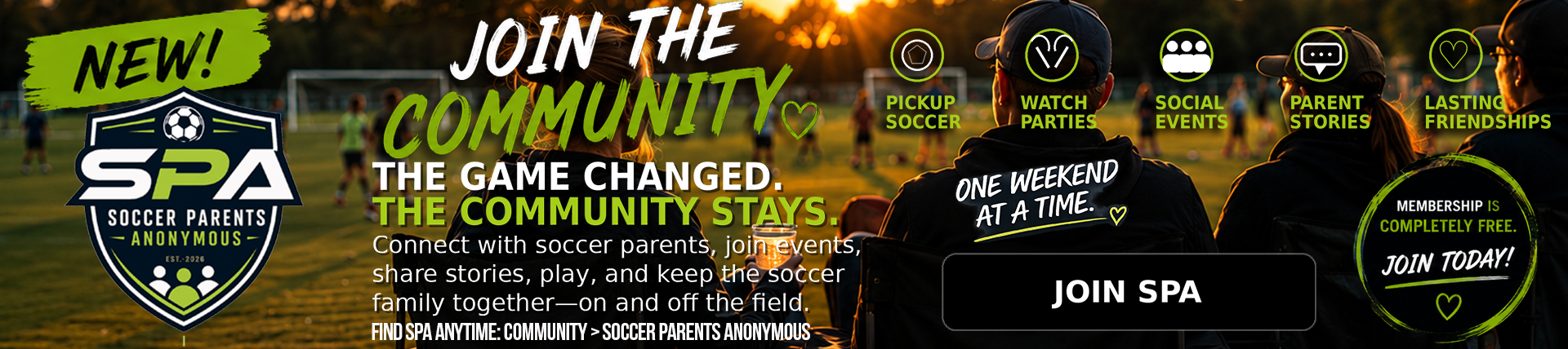 Promotional banner for The Game Changers Community, with neon green text and a “Join Spa” button.