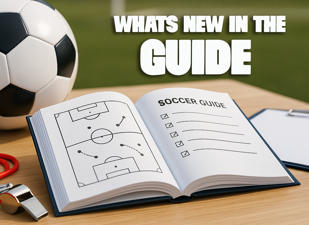 Soccer ball, open guide with diagrams, whistle, clipboard on wooden table; text: 