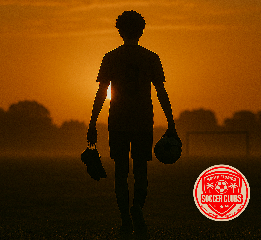 Silhouette of a person walking on a field at sunset, holding soccer cleats and ball. Soccer Clubs logo on right.