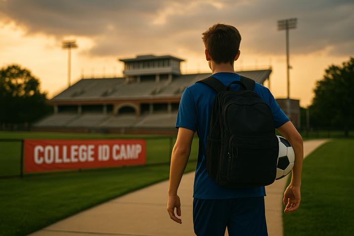 A young man with a backpack and soccer ball walks toward a 