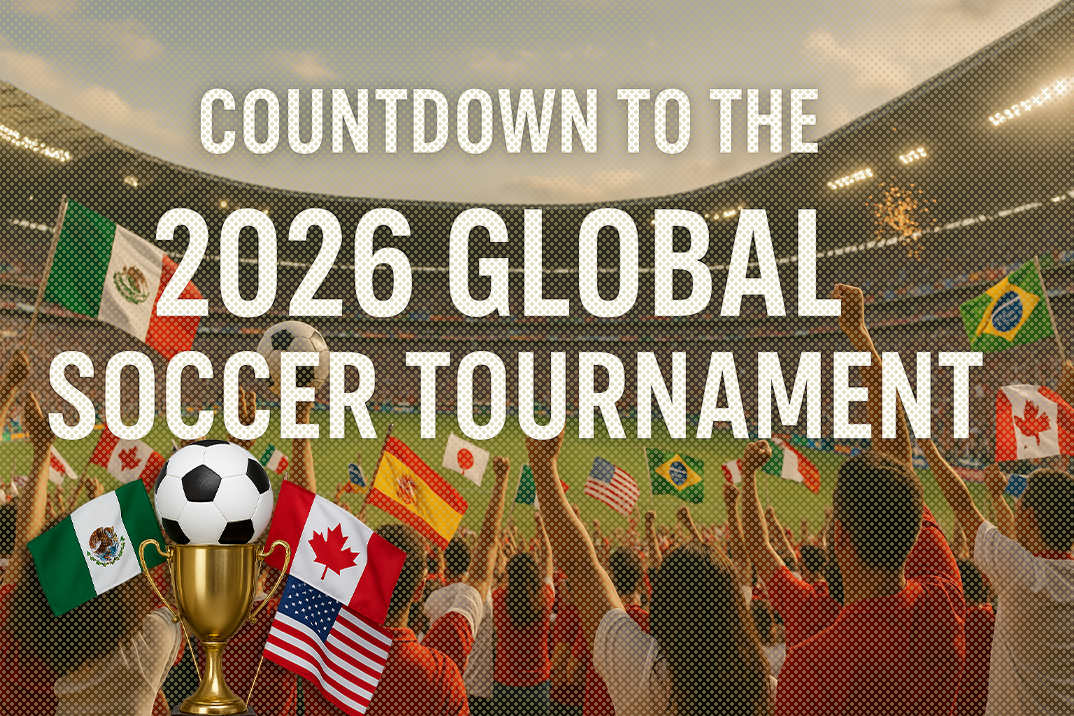 Countdown to the 2026 Global Soccer Tournament; a stadium filled with cheering fans waving flags.