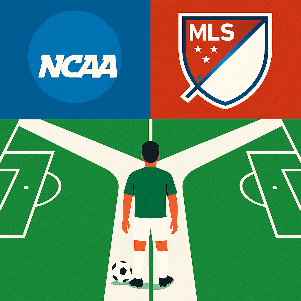 Soccer player at crossroads, NCAA vs. MLS logos above a soccer field.