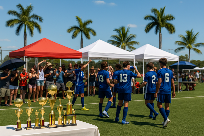 Soccer team in blue celebrates their victory, trophies in front of them. Supporters cheer under tents and palm trees.