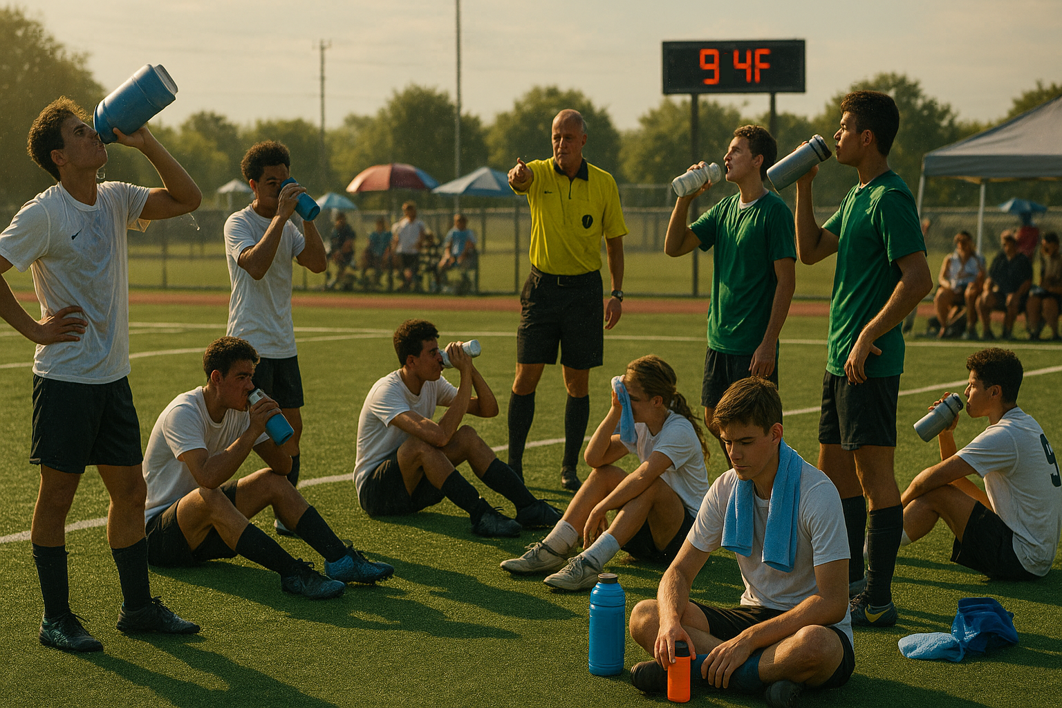 Soccer players in white and green jerseys take a water break on a field, referee nearby; scoreboard reads 94°F.