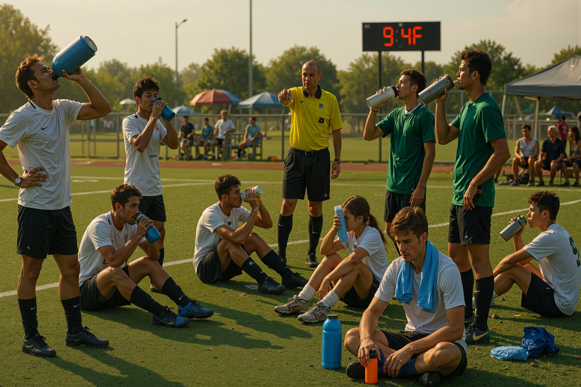Soccer players in white and green jerseys take a water break on a field, referee nearby; scoreboard reads 94°F.