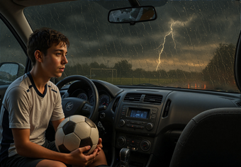 A boy sits in a car, clutching a soccer ball, watching a lightning storm over a soccer field.