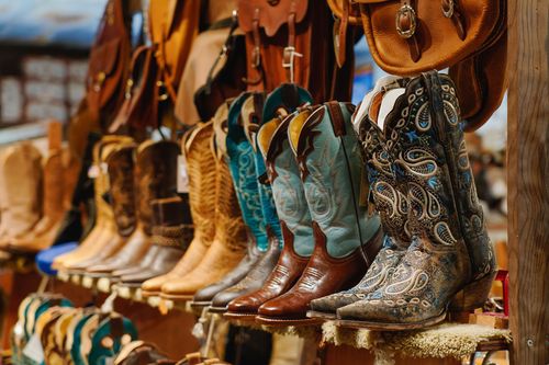 Stylish western boots on a shelf in a store