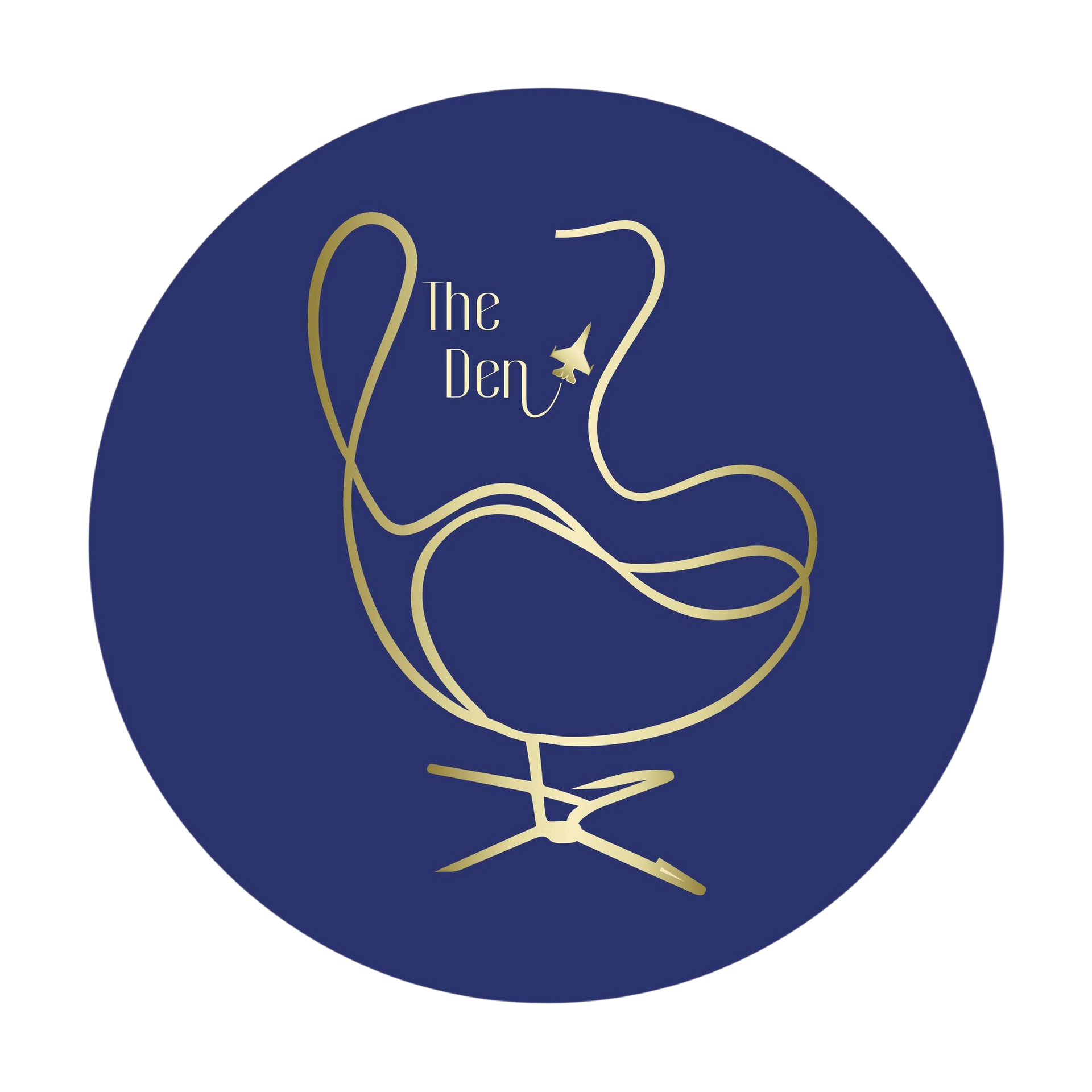 Gold line art of a chair with the words 