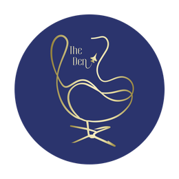 Gold outline of an armchair inside a navy blue circle, with 