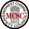 The logo for the midwest chimney safety council has a brick tower in the center.