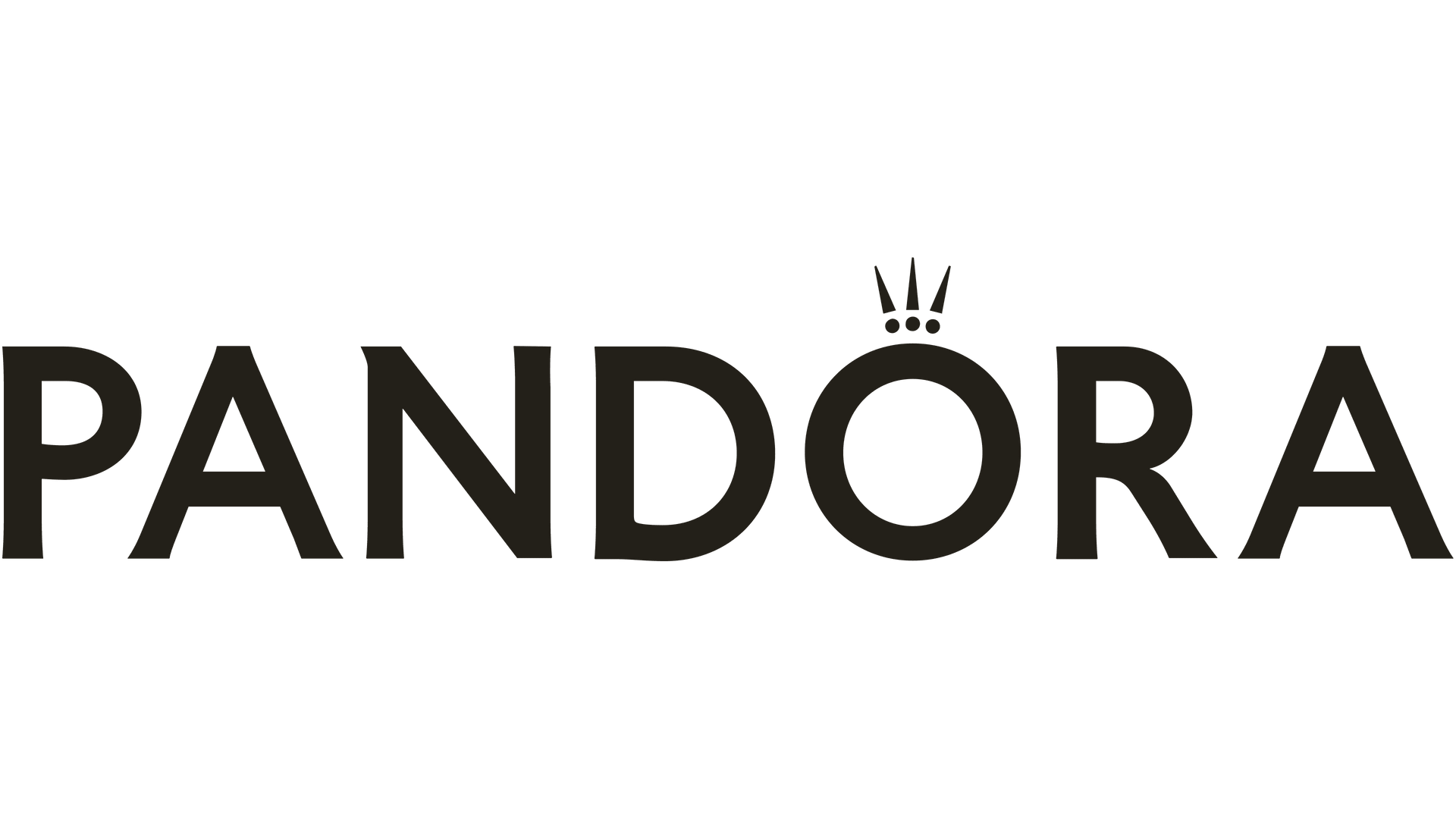 The logo for pandora is black and white and has a crown on it.