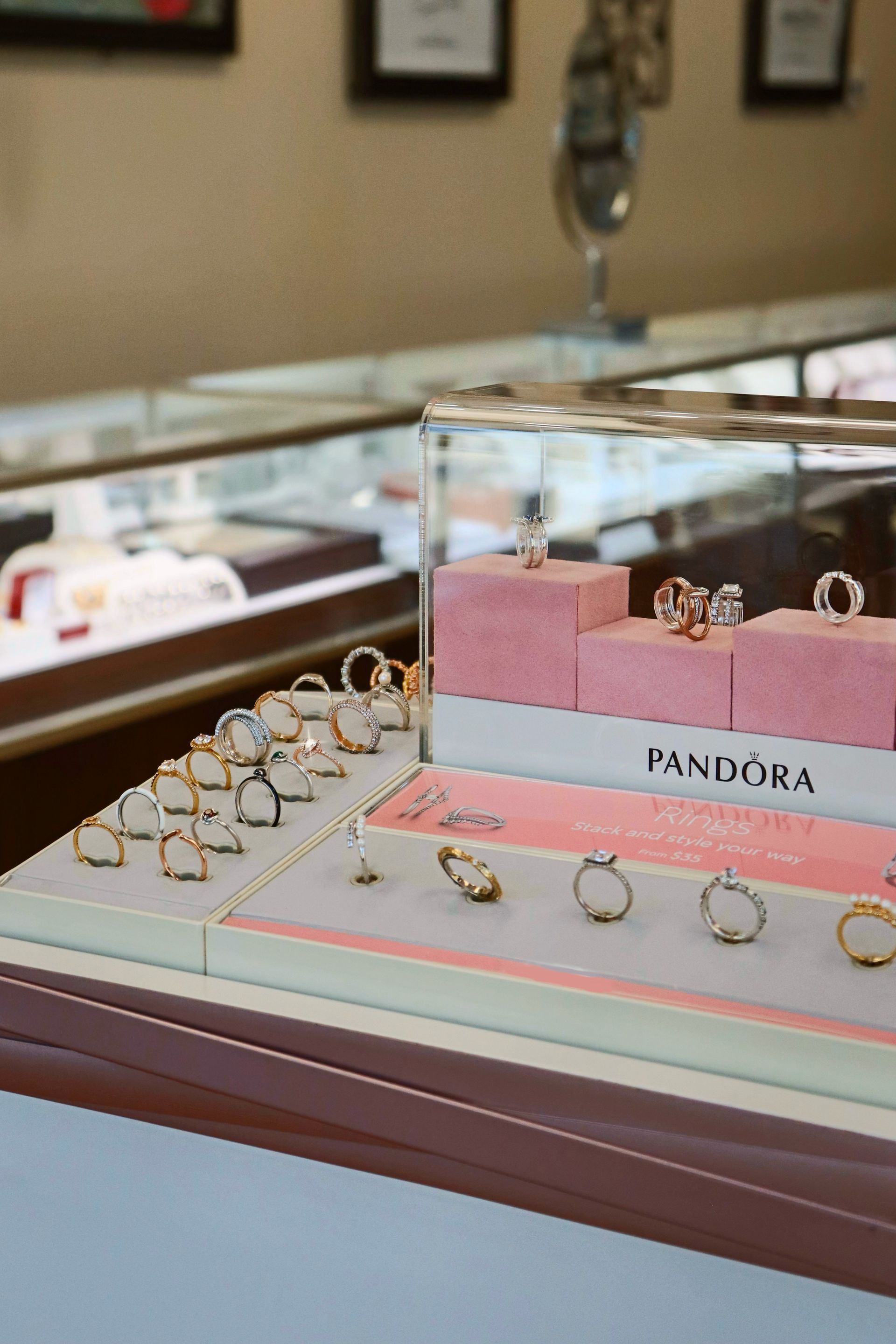 A display of pandora rings in a store