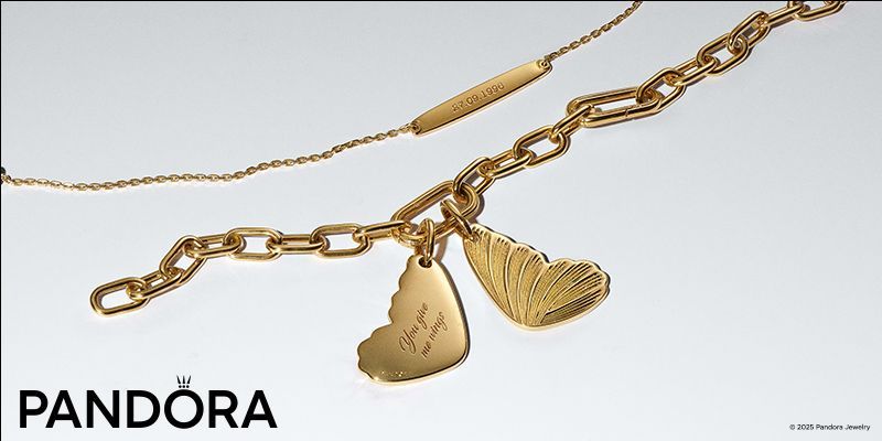 Golden Pandora jewelry, necklace and bracelet with heart and wing charms on white background.