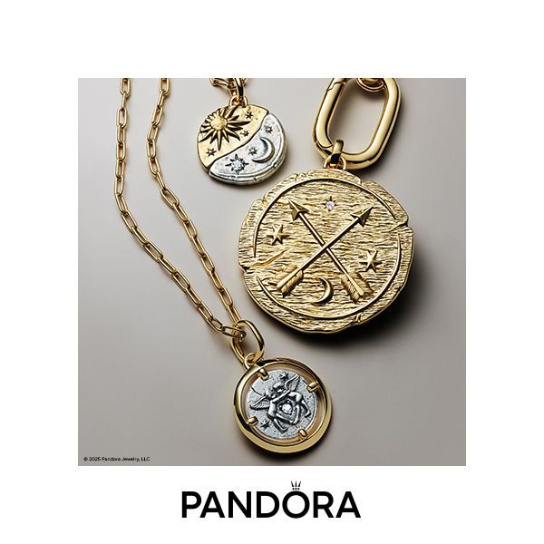 Pandora jewelry featuring gold and silver celestial-themed pendants and a necklace.