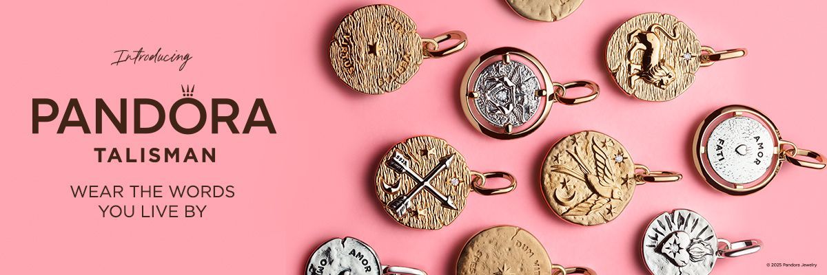 Pandora jewelry charms on pink background with branding and text.