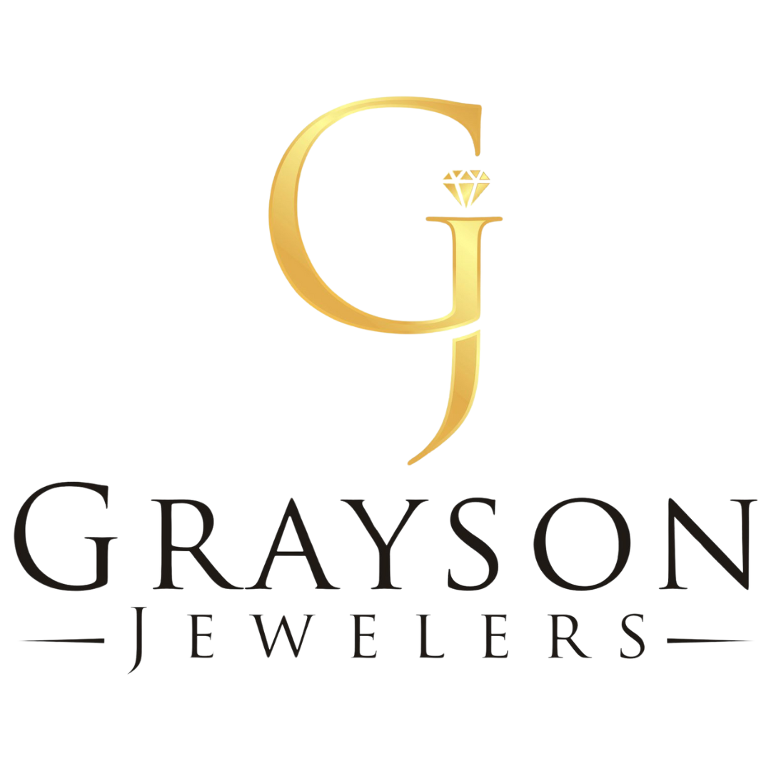 The logo for grayson jewelers is a gold letter g with a diamond in the middle.